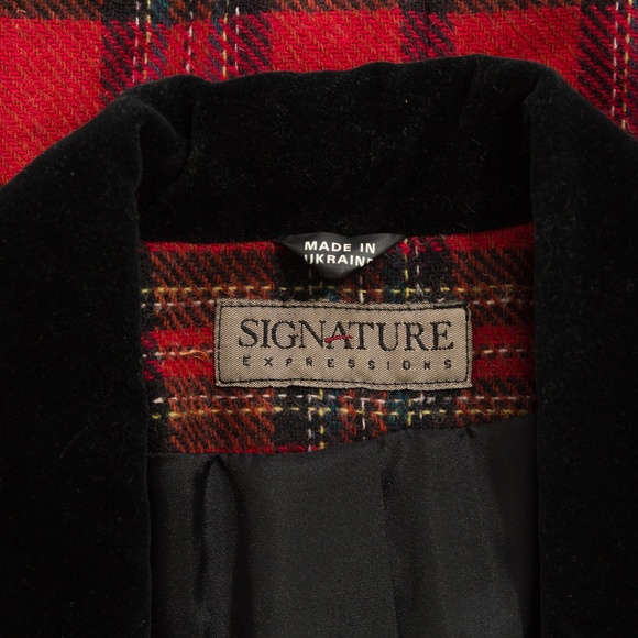 Vintage wool tartan plaid blazer with black velvet trim & buttons M - Picture 15 of 16
